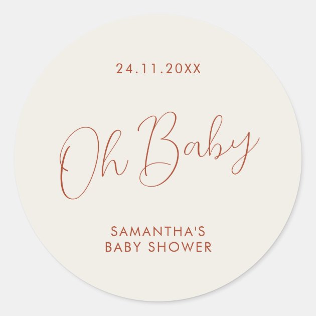Minimalist Script ivory Oh Baby Shower Classic Round Sticker