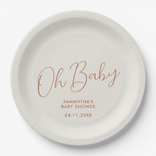 Minimalist Script ivory Oh Baby Shower date Paper Plates