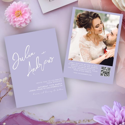 Minimalist script lavender QR Code Photo Wedding  Invitation