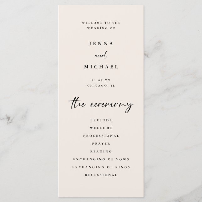 Minimalist Script Light Beige Wedding Ceremony Program (Front)