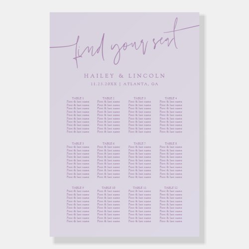 Minimalist Script Lilac Wedding Seating Chart Foam Board