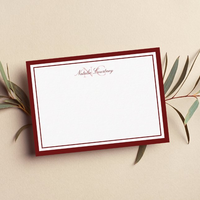 Minimalist Script Maroon Two Border Monogram Note Card (Creator Uploaded)