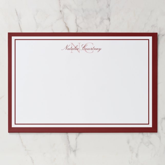 Minimalist Script Maroon Two Border Monogram Paper Pad (Front)