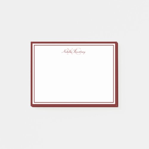 Minimalist Script Maroon Two Border Monogram Post_it Notes