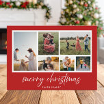 Minimalist Script Merry Christmas Photo Collage Holiday Card<br><div class="desc">Merry Christmas! Send your warm wishes to friends and family this holiday season with a customizable photo collage Christmas card. It features minimalist script typography with a red background. Personalize by adding your custom photos, names, year and other details. This minimal Christmas card is available in other colors and cardstock....</div>
