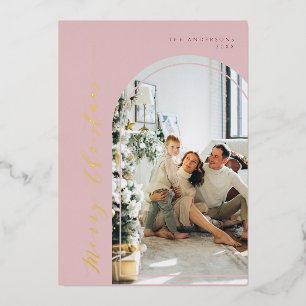 Minimalist Script Merry Christmas Photo Dusty Pink Foil Holiday Card