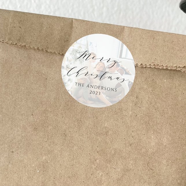 Minimalist Script Merry Christmas Photo Overlay Classic Round Sticker (Creator Uploaded)