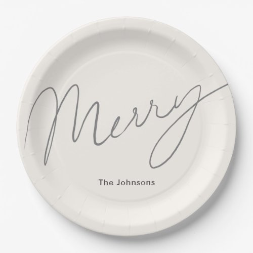 Minimalist Script Merry Cream White Paper Plates