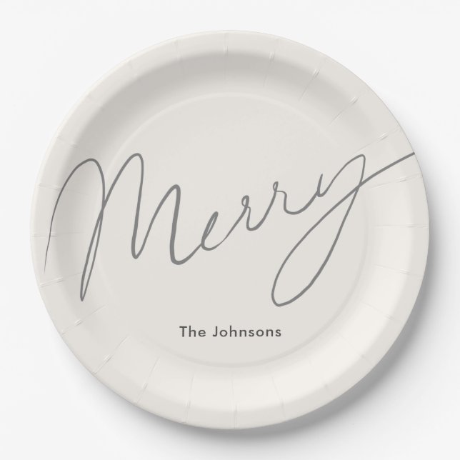 Minimalist Script Merry Cream White Paper Plates (Front)