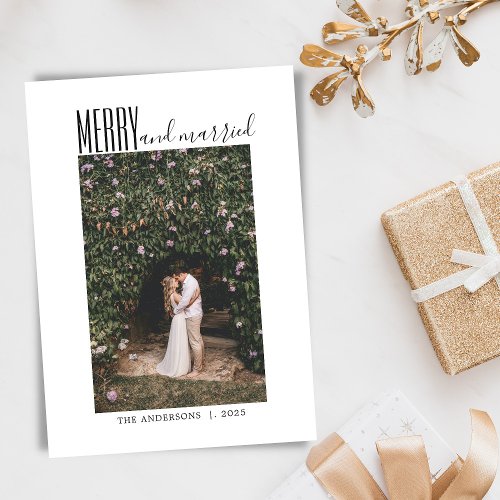 Minimalist Script Merry Married Photo Christmas Holiday Card