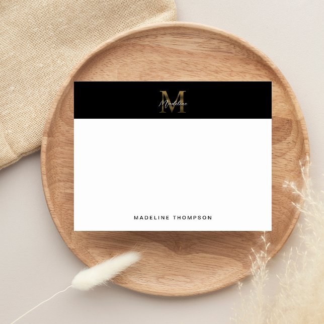 Minimalist Script Metallic Black Gold Monogram Note Card (Creator Uploaded)