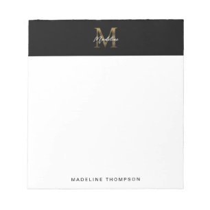 Minimalist Script Metallic Black Gold Monogram Notepad