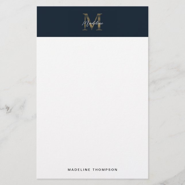 Minimalist Script Metallic Navy Blue Gold Monogram Stationery (Front)