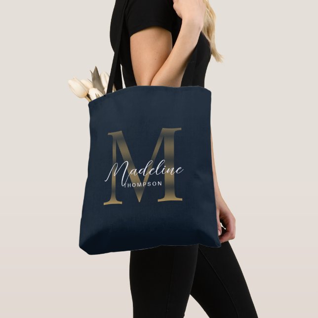 Minimalist Script Metallic Navy Blue Gold Monogram Tote Bag (Close Up)