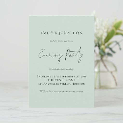 Minimalist Script Mint Wedding Evening Party Invitation | Zazzle