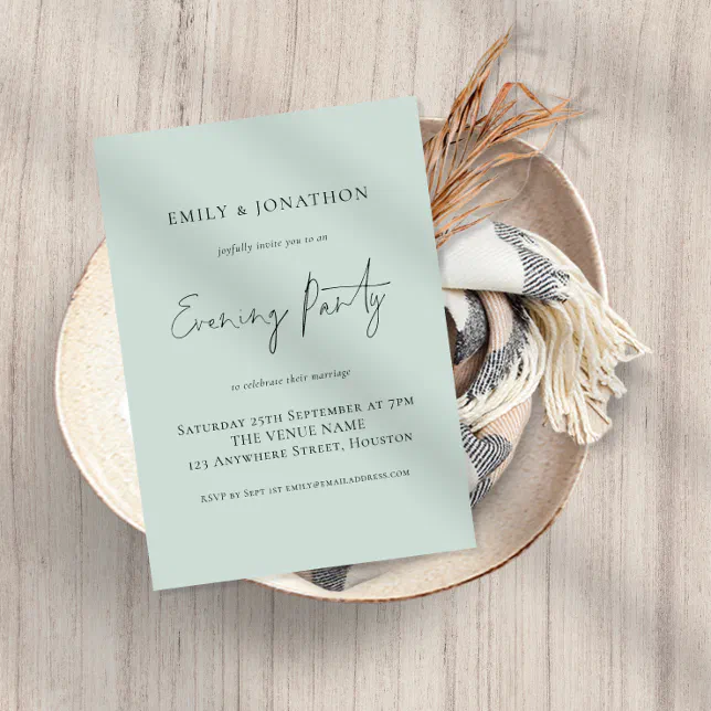 Minimalist Script Mint Wedding Evening Party Invitation | Zazzle