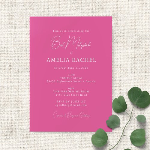 Minimalist Script Modern Bat Mitzvah Hot Pink Cute Invitation