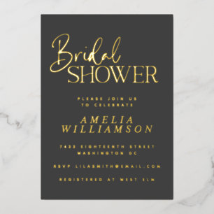 Minimalist Script Modern Black Gold Bridal Shower Foil Invitation