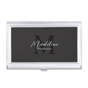 Minimalist Script Modern Black Monogram Business Card Case