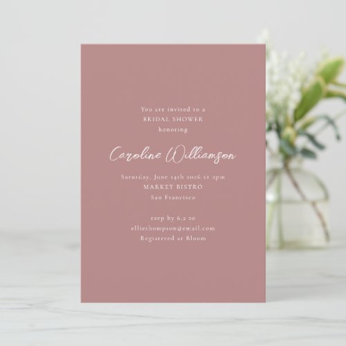 Minimalist Script Modern Dusty Rose Bridal Shower Invitation