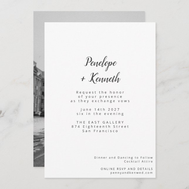 Minimalist Script Modern Photo Wedding White Invitation (Front/Back)