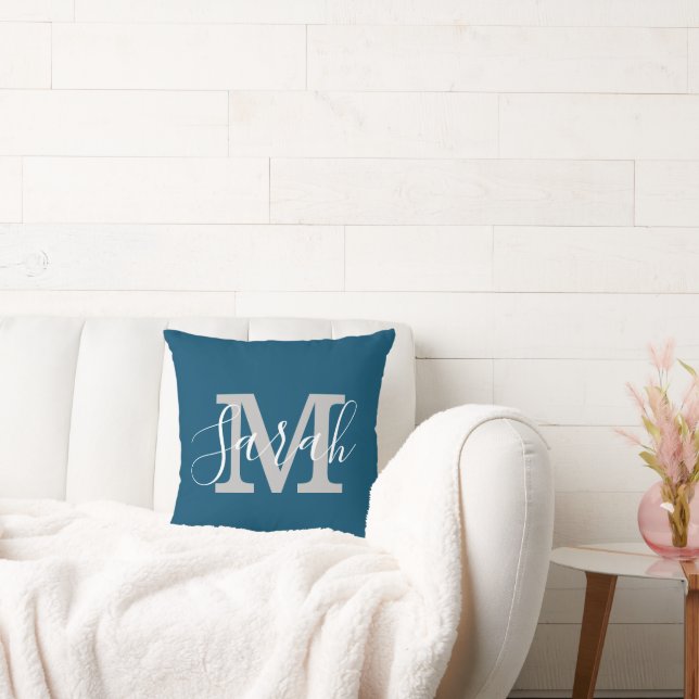 Minimalist Script Monogram Name Blue & White Throw Pillow (Couch)