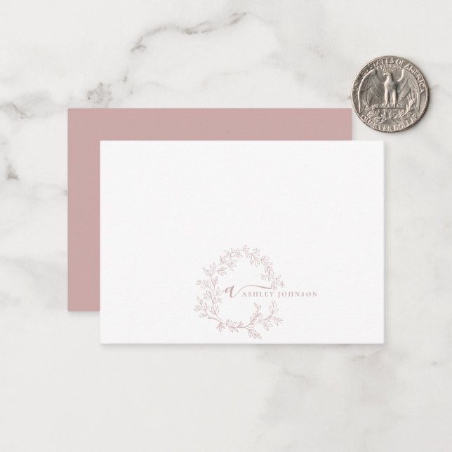 Minimalist Script Monogram Name Blush Dusty Pink Note Card (Front/Back In Situ)
