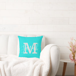 Minimalist Script Monogram Name Bright Teal Throw Pillow