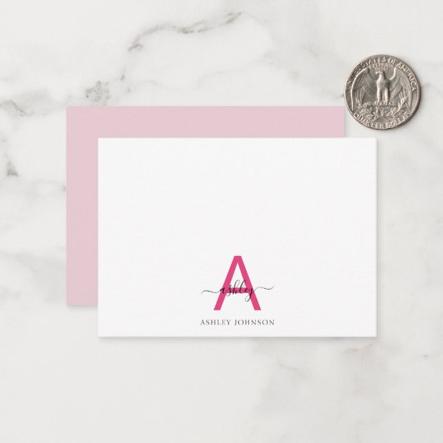 Minimalist Script Monogram Name Hot Pink Note Card (Front/Back In Situ)