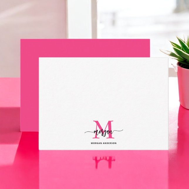 Minimalist Script Monogram Name Hot Pink Note Card (Creator Uploaded)