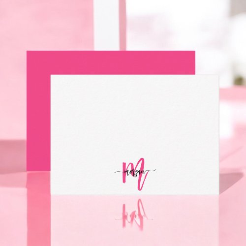 Minimalist Script Monogram Name Hot Pink Note Card