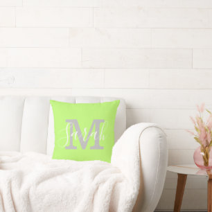 Minimalist Script Monogram Name Neon Green Throw Pillow