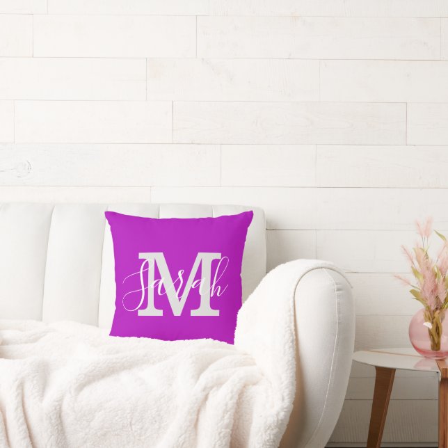 Minimalist Script Monogram Name Neon Purple Throw Pillow (Couch)