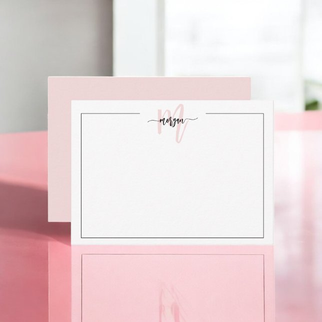 Minimalist Script Monogram One Border Blush Pink Note Card (Creator Uploaded)