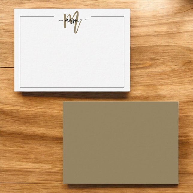 Minimalist Script Monogram One Border Gold Note Card (Creator Uploaded)