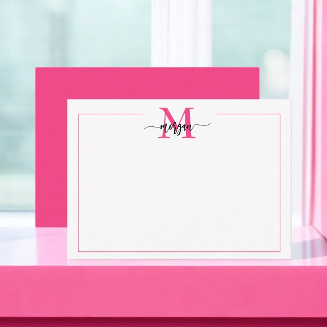 Minimalist Script Monogram One Border Hot Pink Note Card (Creator Uploaded)