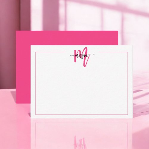 Minimalist Script Monogram One Border Hot Pink Note Card