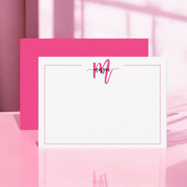 Minimalist Script Monogram One Border Hot Pink Note Card (Creator Uploaded)