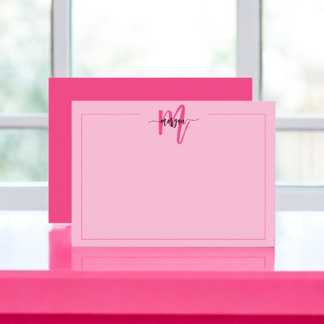 Minimalist Script Monogram One Border Hot Pink Note Card (Creator Uploaded)