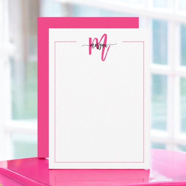 Minimalist Script Monogram One Border Hot Pink Note Card (Creator Uploaded)