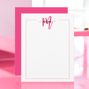 Minimalist Script Monogram One Border Hot Pink Note Card