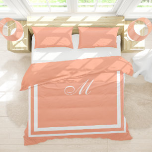 Minimalist Script Monogram Peach Coral Queen Duvet Cover