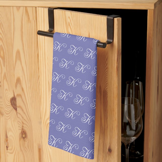Minimalist Script Monogram Periwinkle Blue Kitchen Towel (Thirds Fold)