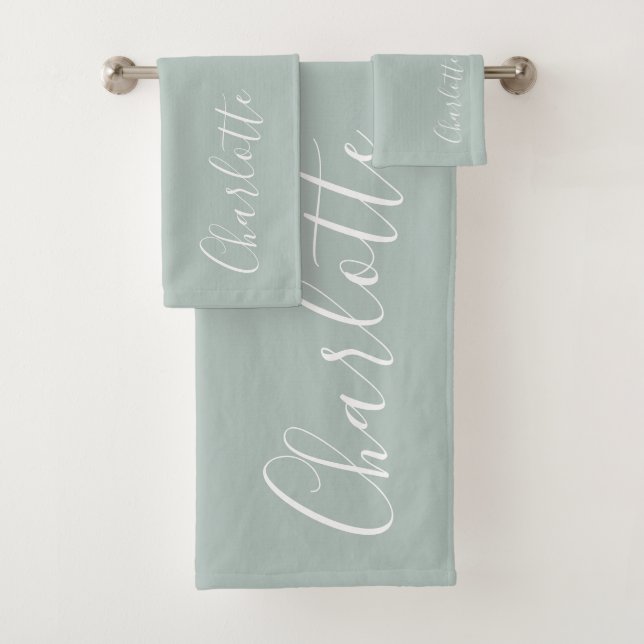 Minimalist Script Monogrammed Stylish Dusty Blue Bath Towel Set (Insitu)