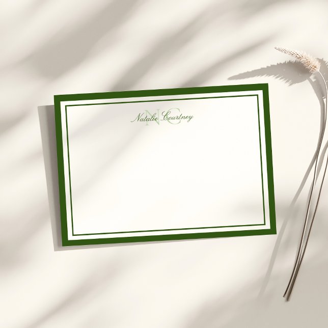 Minimalist Script Moss Green Two Border Monogram Note Card (Creator Uploaded)