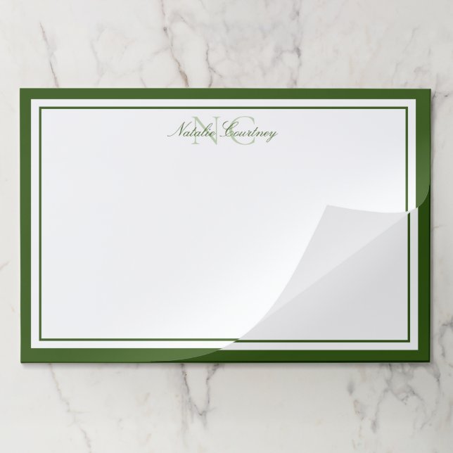 Minimalist Script Moss Green Two Border Monogram Paper Pad (Folded)