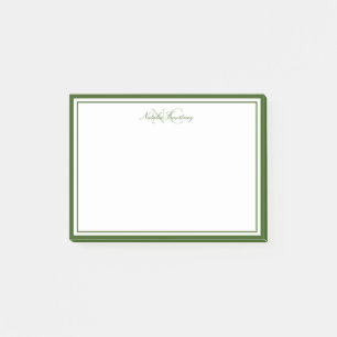 Minimalist Script Moss Green Two Border Monogram Post-it Notes