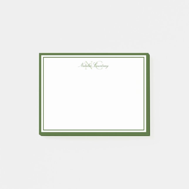 Minimalist Script Moss Green Two Border Monogram Post-it Notes (Front)