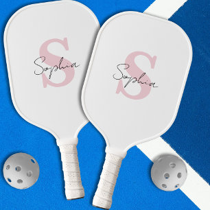 Minimalist Script Name and Pink Initials Monogram Pickleball Paddle