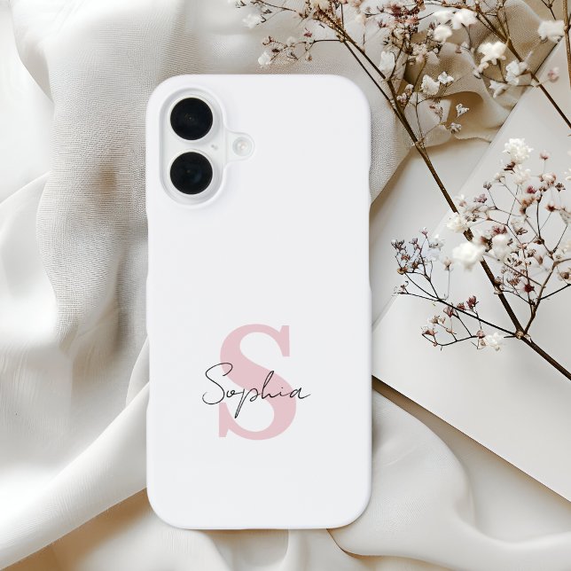 Minimalist Script Name and Pink Monogram Initial iPhone Case (Creator Uploaded)